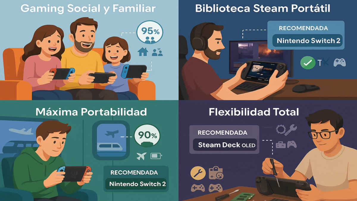 Distintos tipos de jugadores usando consolas portátiles