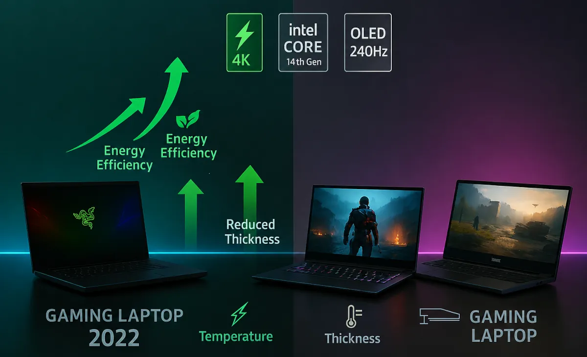 Análisis comparativo de la evolución de gaming laptops en la actualidad mostrando mejoras en rendimiento, diseño y eficiencia energética