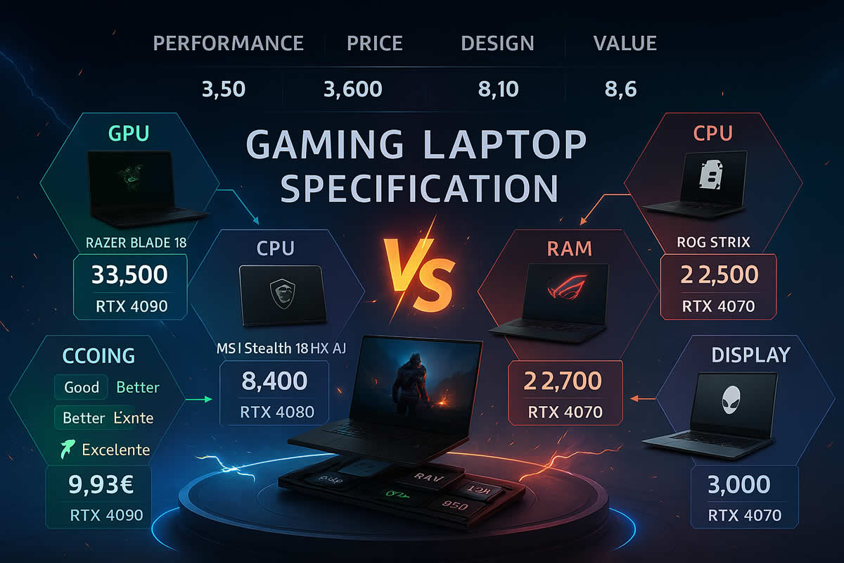 Comparativa visual directa entre los Mejores Gaming Laptops mostrando Razer Blade, MSI Stealth, ASUS ROG y Legion con especificaciones lado a lado