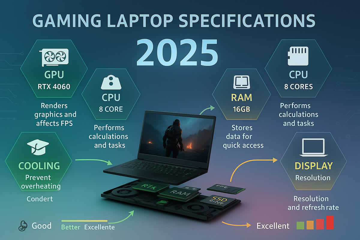 Guía visual de especificaciones técnicas importantes en gaming laptops: CPU, GPU, RAM, almacenamiento y pantallas explicado para principiantes