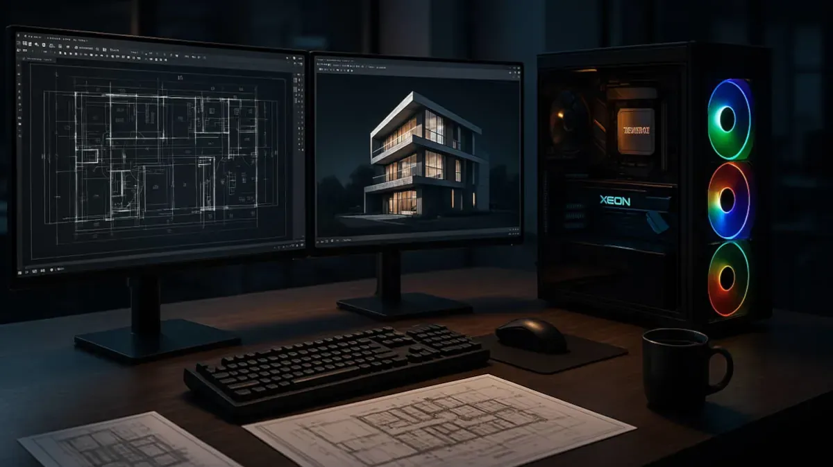 Workstation profesional con varios monitores en un estudio de diseño