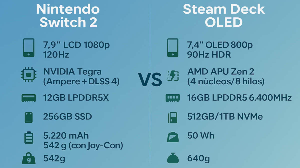 Infografía con las especificaciones de Switch 2 y Steam Deck OLED