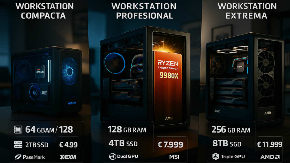 Workstation montada con Threadripper 9980X, refrigeración líquida y varias gráficas