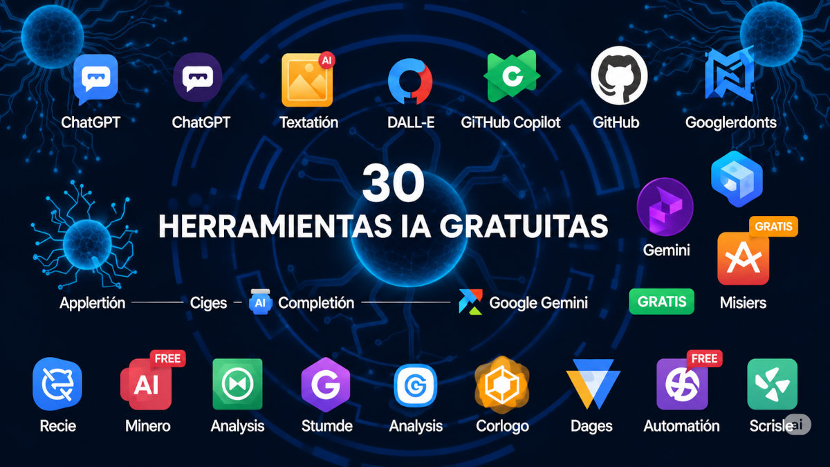 Collage de herramientas de inteligencia artificial gratuitas para generar texto, imágenes y código