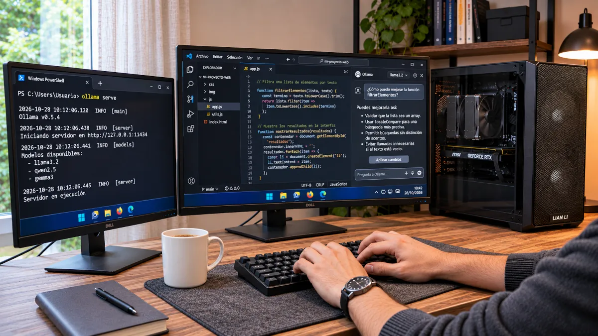 Editor de código con un asistente de IA local conectado a Ollama
