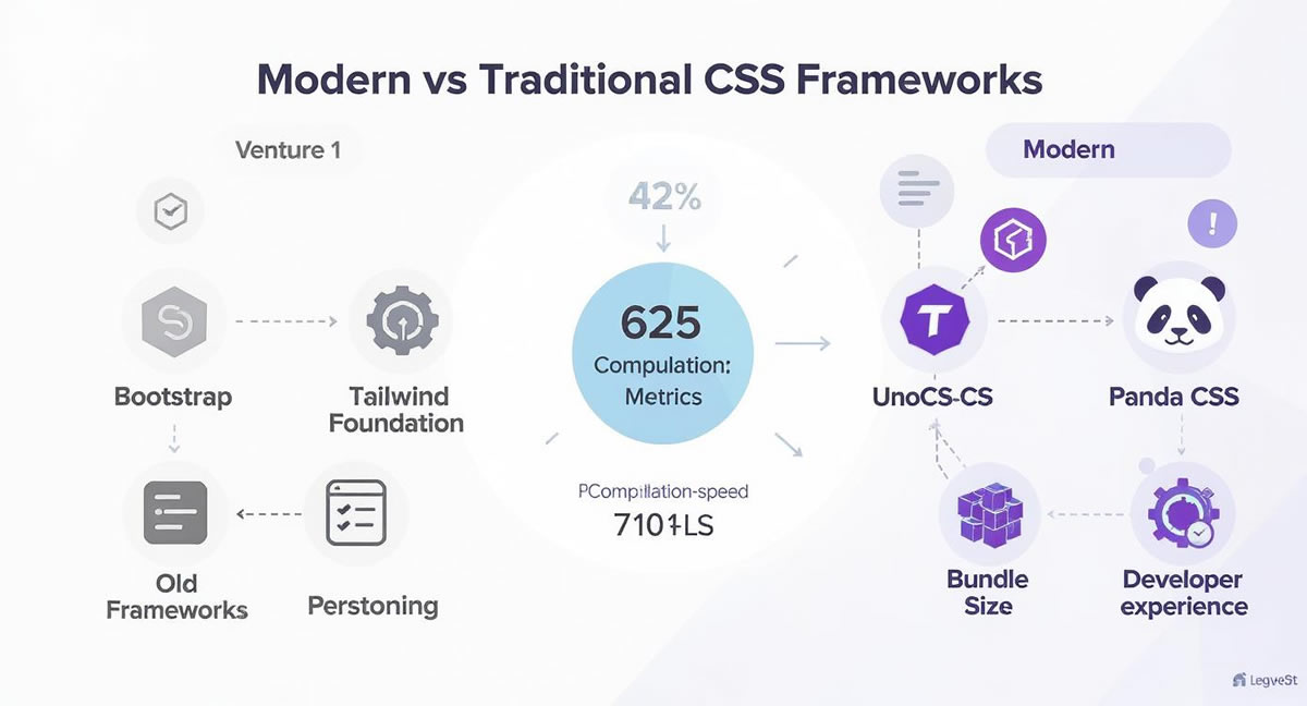 Comparativa visual de Tailwind CSS, UnoCSS y Panda CSS frente a frameworks CSS tradicionales