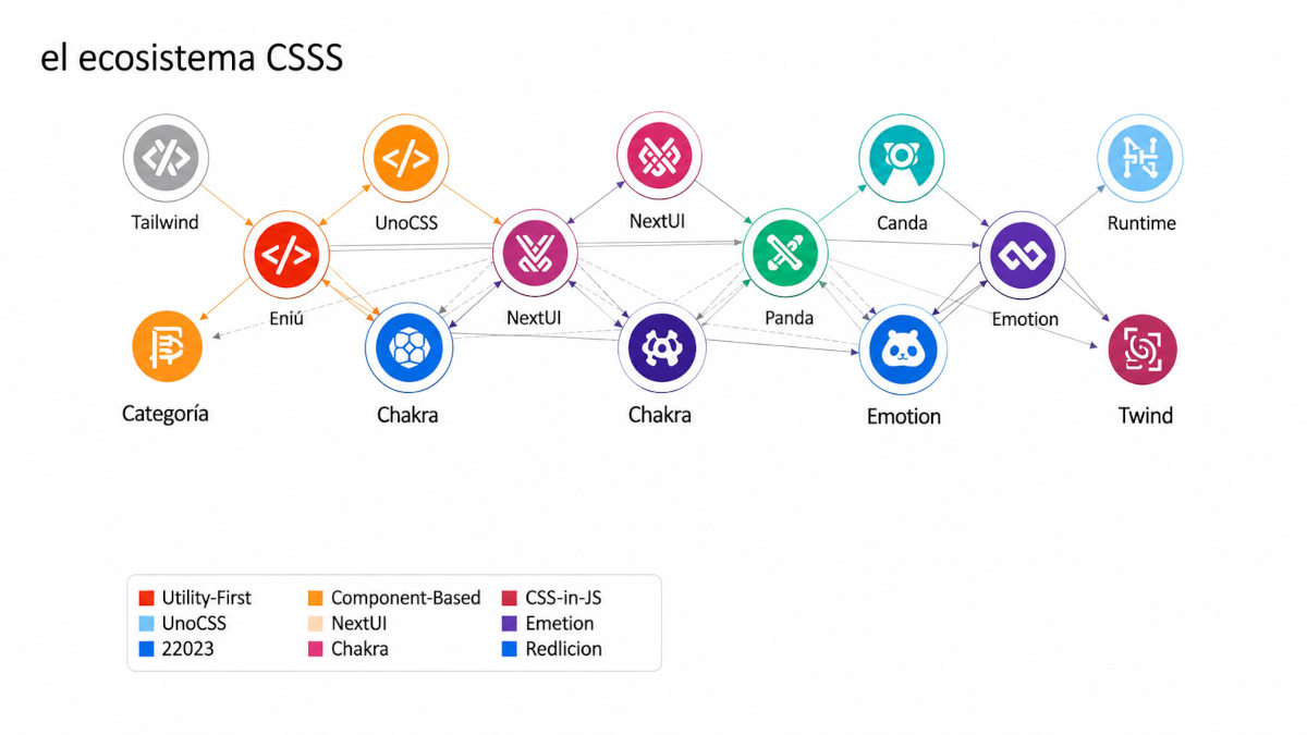 Ecosistema de frameworks CSS: motores utility-first, librerías de componentes y frameworks clásicos
