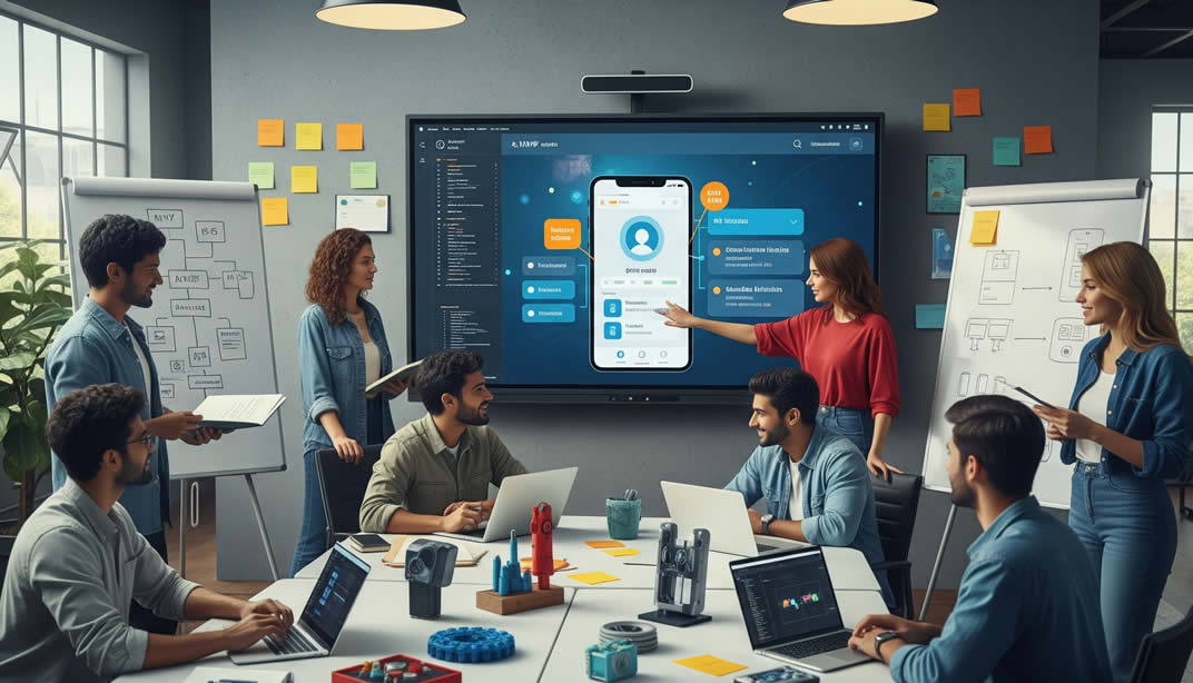 Equipo fundador de una startup trabajando en el prototipo de su producto con portátiles y notas en una pizarra