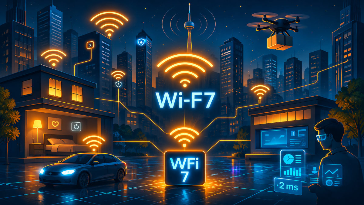 Hogar y ciudad conectados con redes WiFi 7 y dispositivos inteligentes