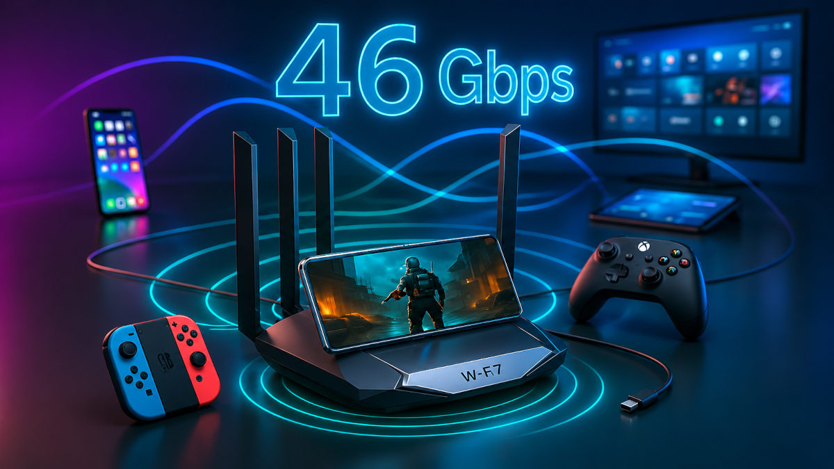 Router WiFi 7 emitiendo en las bandas de 2,4, 5 y 6 GHz hacia móviles, portátiles y televisores de un hogar