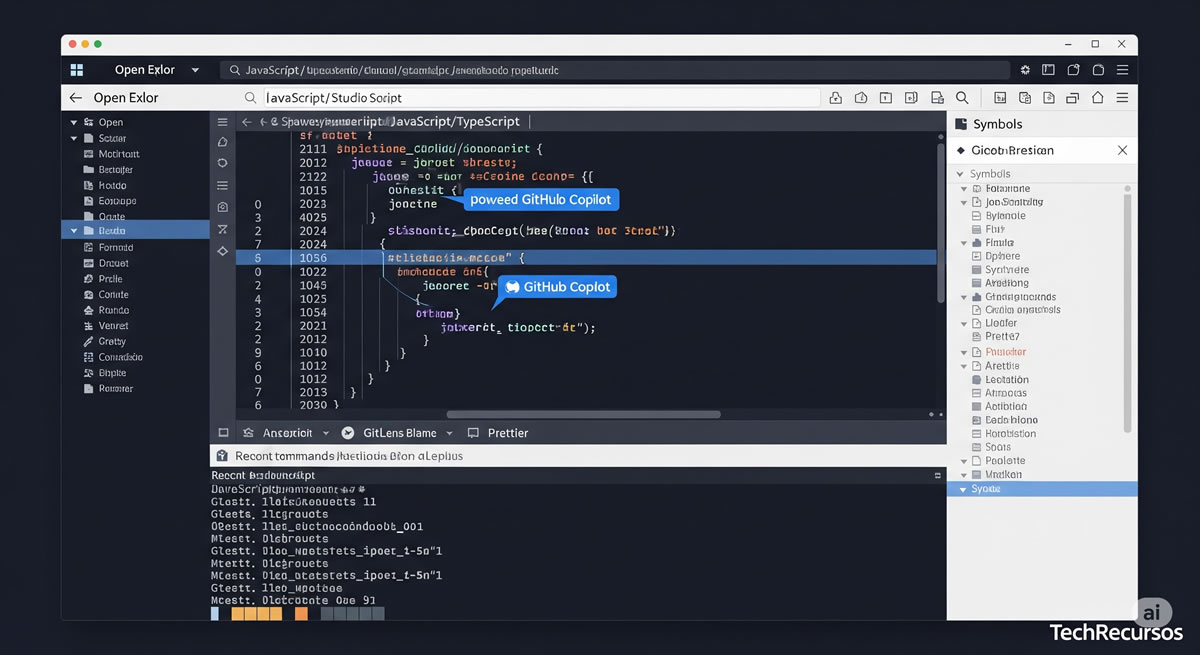 Interfaz de Visual Studio Code con explorador de archivos, editor y terminal integrada