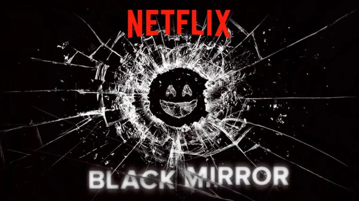 Pantalla de móvil agrietada con el logotipo de Black Mirror
