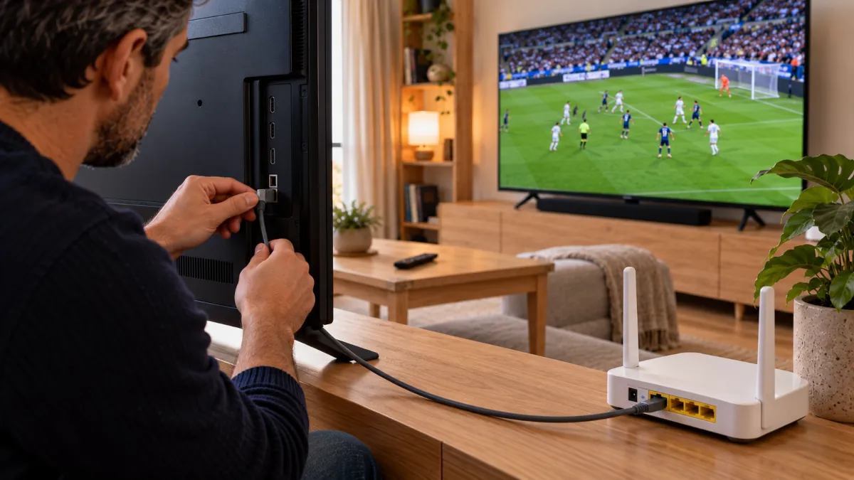 Router y cable de red junto a un televisor para ver fútbol en streaming sin cortes