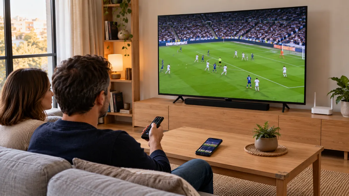 Partido de LaLiga EA Sports en la pantalla de un televisor con las aplicaciones de Movistar Plus+ y DAZN