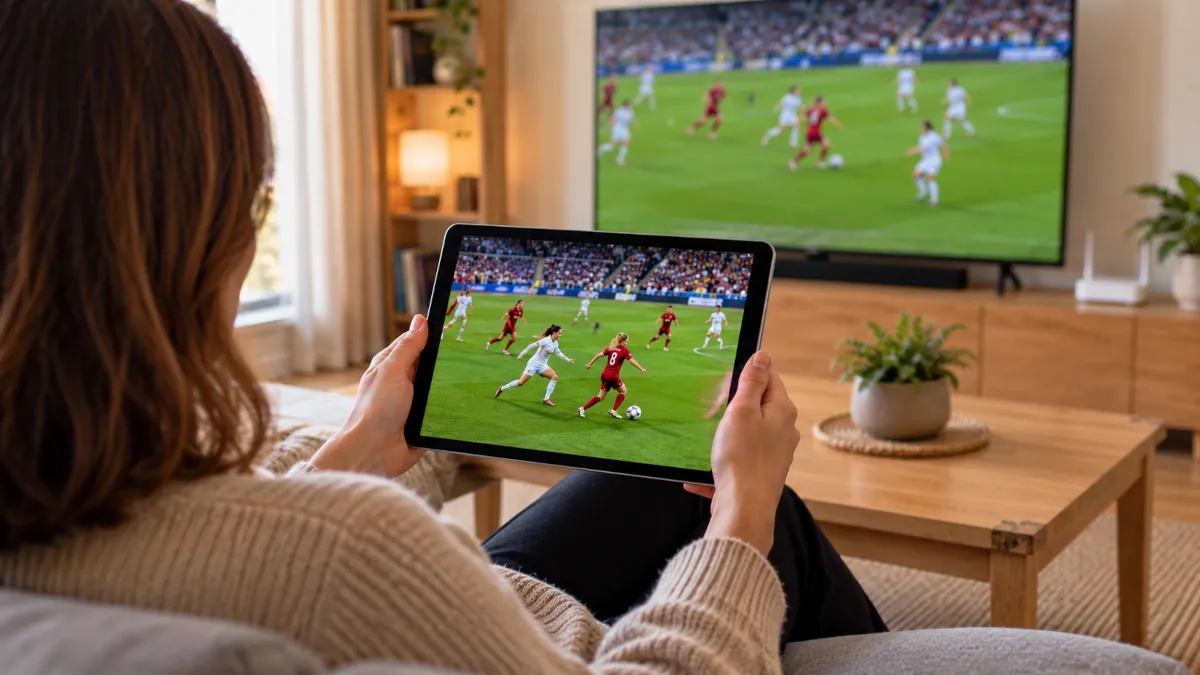 Partido de fútbol femenino de la Liga F visto en una tableta