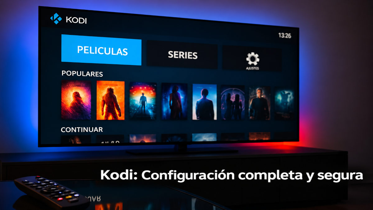 Kodi en una televisión mostrando la biblioteca de películas con carátulas