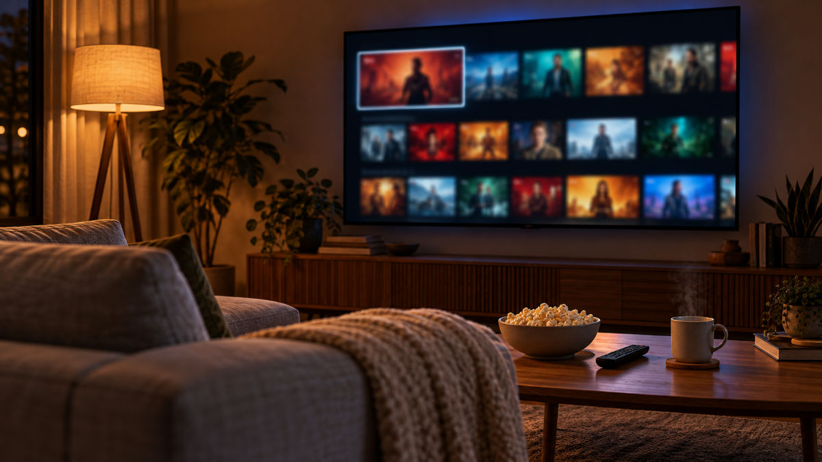 Pantalla de televisión con el catálogo de series de Netflix en un salón
