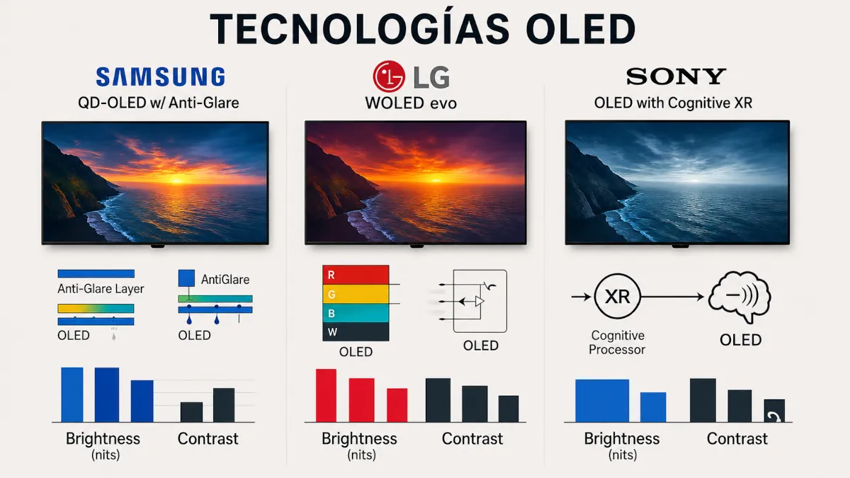 Comparativa de tecnologías OLED: Samsung QD-OLED frente a LG WOLED y Sony OLED, con mejoras en brillo y antirreflejos