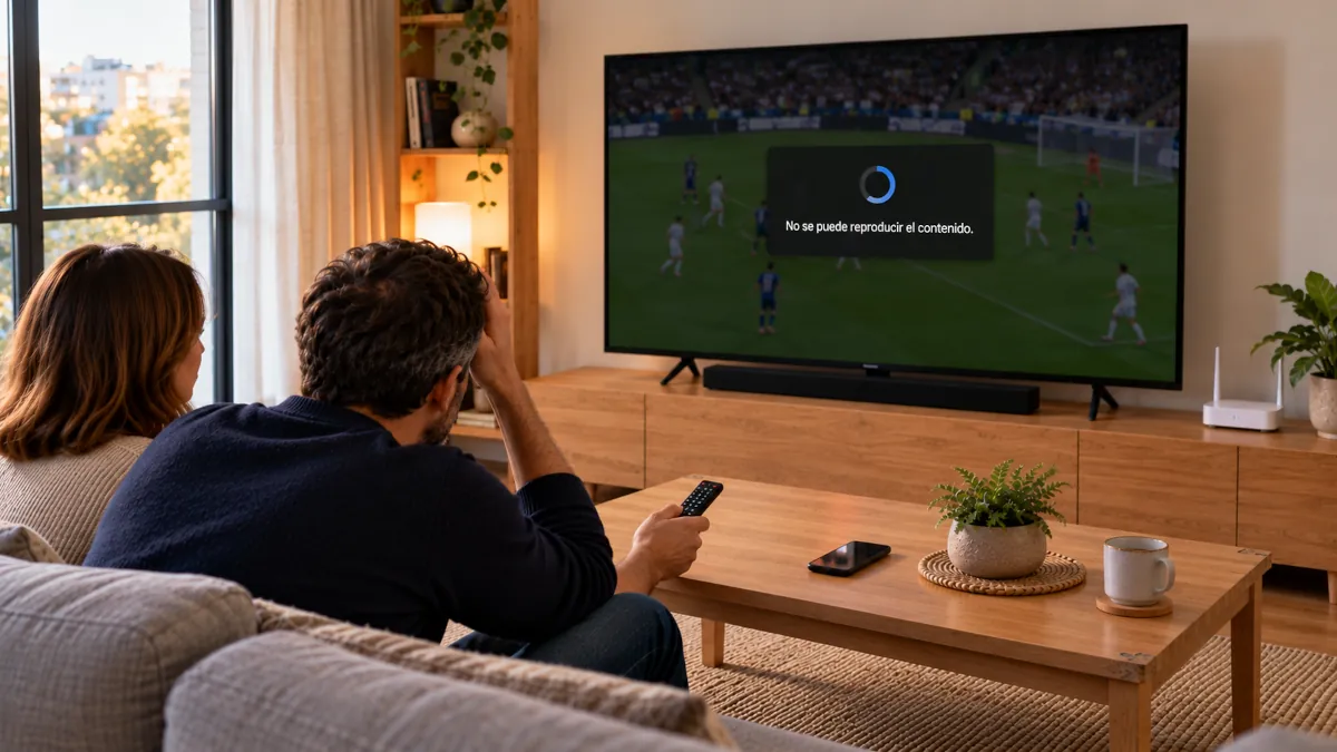 Pantalla con un mensaje de error y una señal cortada al intentar ver fútbol en una IPTV pirata