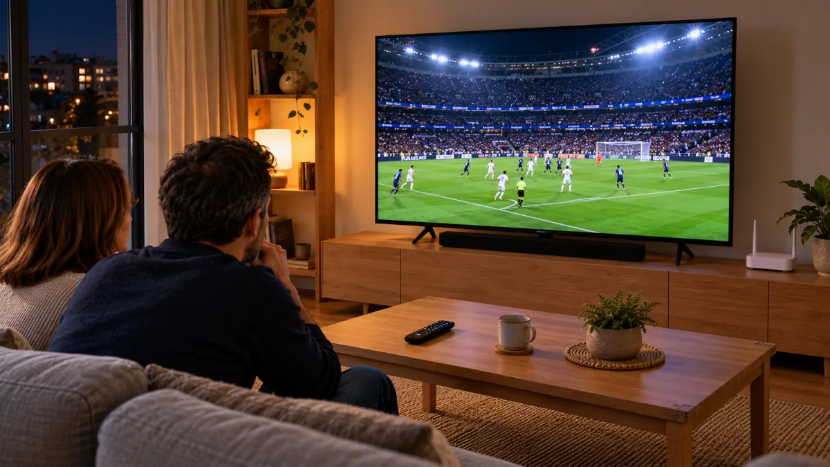 Aficionados viendo un partido de Champions League por la noche en el televisor de casa