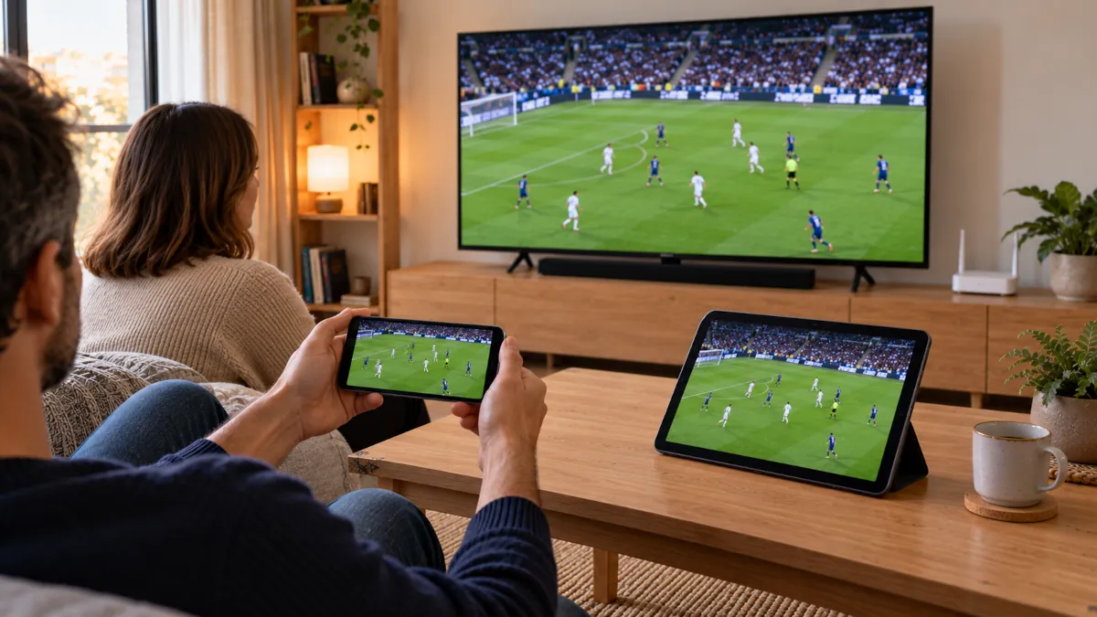 Aplicaciones de fútbol en un móvil, una tableta y un Smart TV mostrando el mismo partido