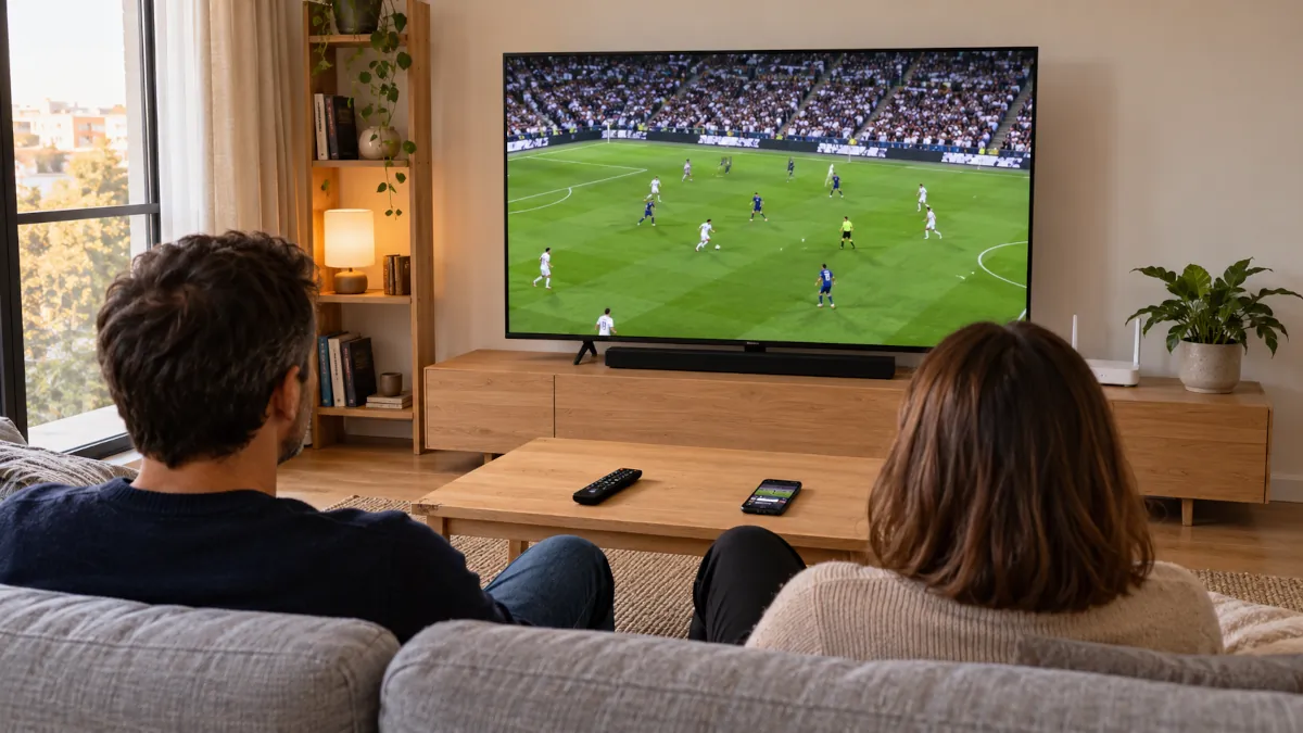Partido de fútbol en un televisor de salón con la aplicación de una plataforma de streaming