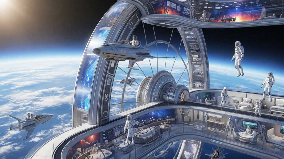 Cápsula de turismo espacial con pasajeros contemplando la Tierra
