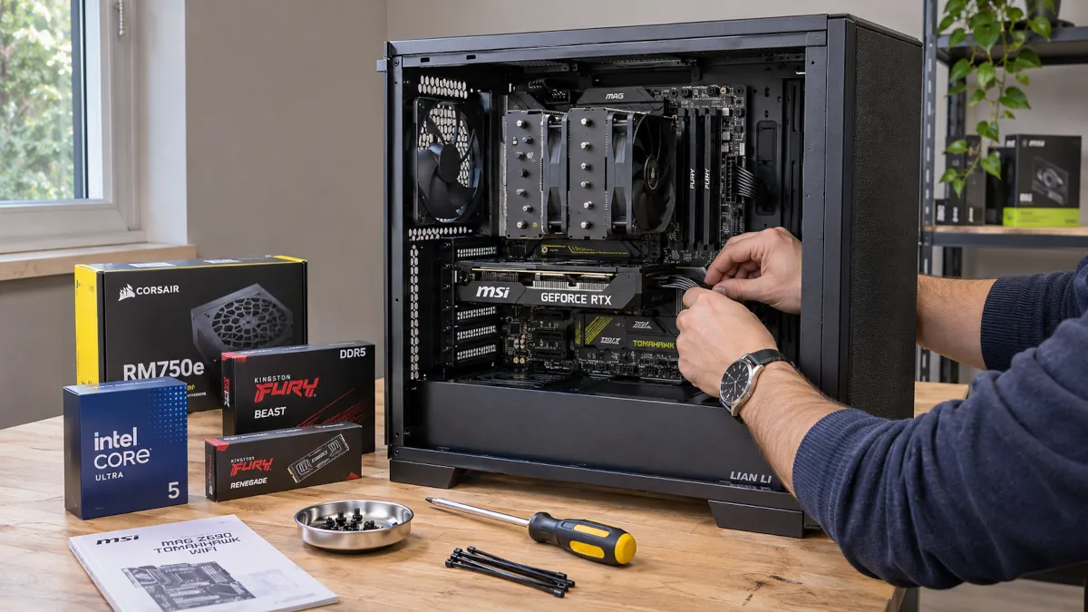 Montaje de un PC de sobremesa con placa MSI MAG Z890 Tomahawk WiFi dentro de una caja Lian Li Lancool 217 abierta