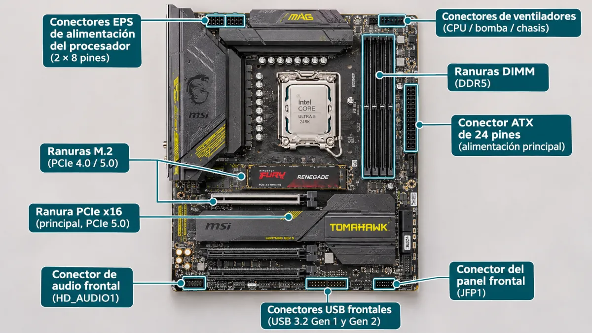 Infografía de los conectores de la placa base MSI MAG Z890 Tomahawk WiFi: 24 pines, EPS, panel frontal, USB, audio, ventiladores y M.2