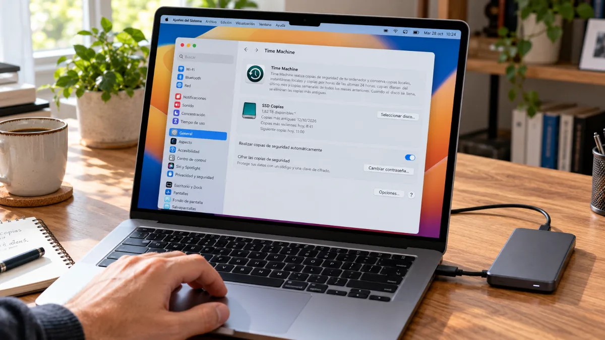 MacBook con Time Machine haciendo una copia de seguridad en un disco externo