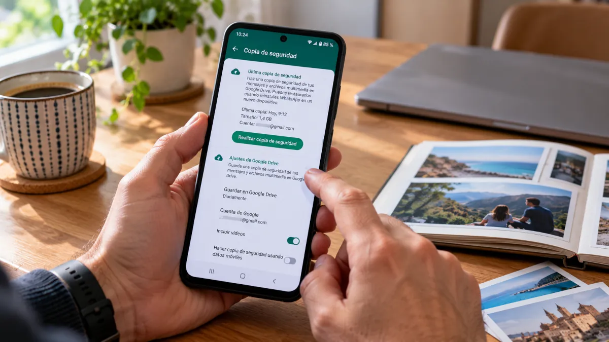 Teléfono móvil mostrando la copia de seguridad de fotos y del chat de WhatsApp en la nube