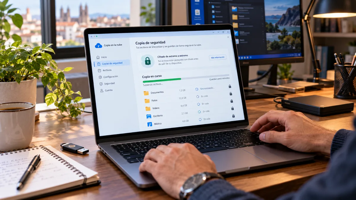 Archivos protegidos con un candado subiendo a un servicio de copias de seguridad en la nube
