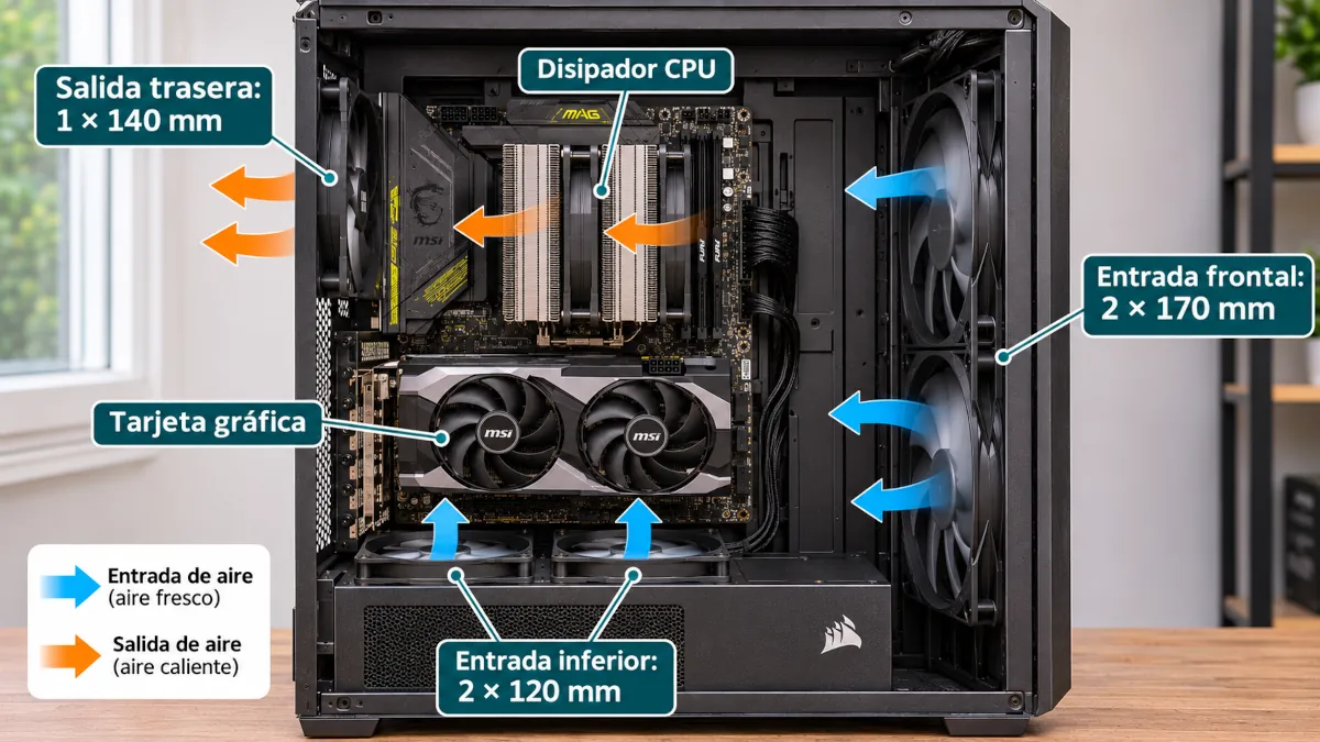 Infografía del flujo de aire en la caja Lian Li Lancool 217 con entrada frontal e inferior y salida trasera