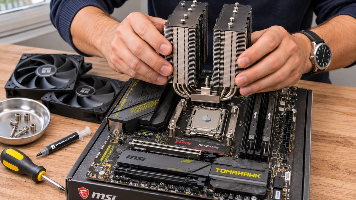 Colocación del disipador de doble torre Thermalright Peerless Assassin 120 SE sobre el procesador tras aplicar pasta térmica