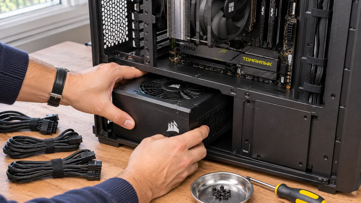 Instalación de la fuente modular Corsair RM750e en el compartimento inferior de la caja Lian Li Lancool 217