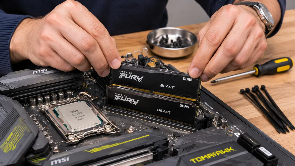 Instalación de dos módulos Kingston Fury Beast DDR5 en las ranuras A2 y B2 de una placa MSI Z890