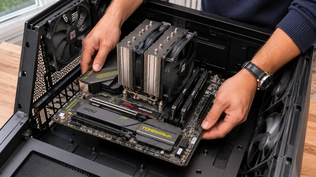 Instalación de la placa base MSI Z890 Tomahawk WiFi con procesador, RAM y disipador dentro de la caja Lian Li Lancool 217