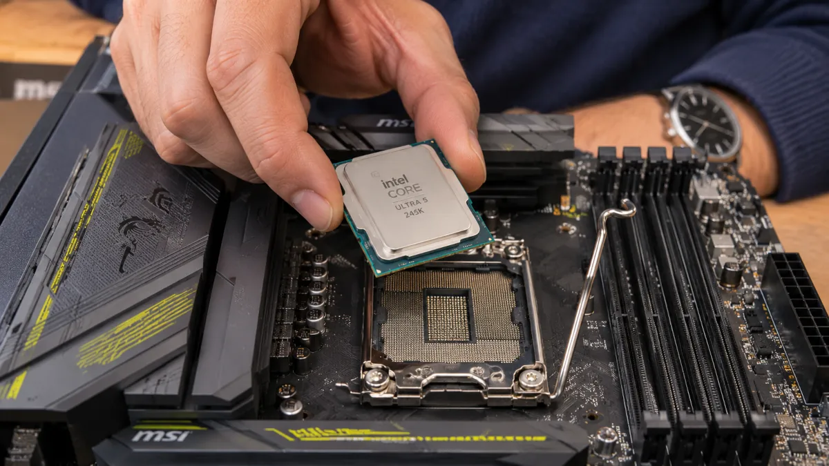 Mano colocando un Intel Core Ultra 5 245K sobre el socket LGA1851 abierto de una placa MSI Z890 Tomahawk