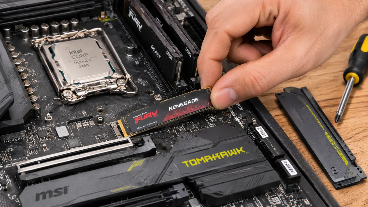 Instalación de un SSD Kingston Fury Renegade NVMe M.2 en la ranura superior de una placa MSI Z890 Tomahawk