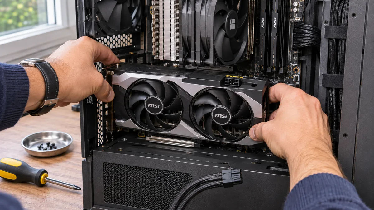 Instalación de la tarjeta gráfica MSI GeForce RTX 5060 Ti Ventus 2X OC en la ranura PCIe x16 de la placa MSI Z890