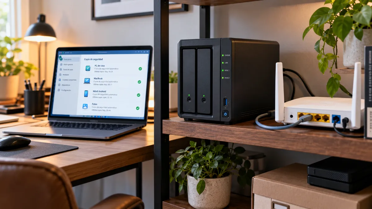 Servidor NAS de dos bahías conectado al router de casa para hacer copias de seguridad automáticas