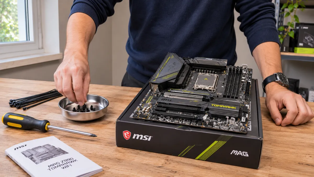 Mesa preparada para montar un PC con la placa base sobre su caja, destornillador magnético, tornillos y bridas
