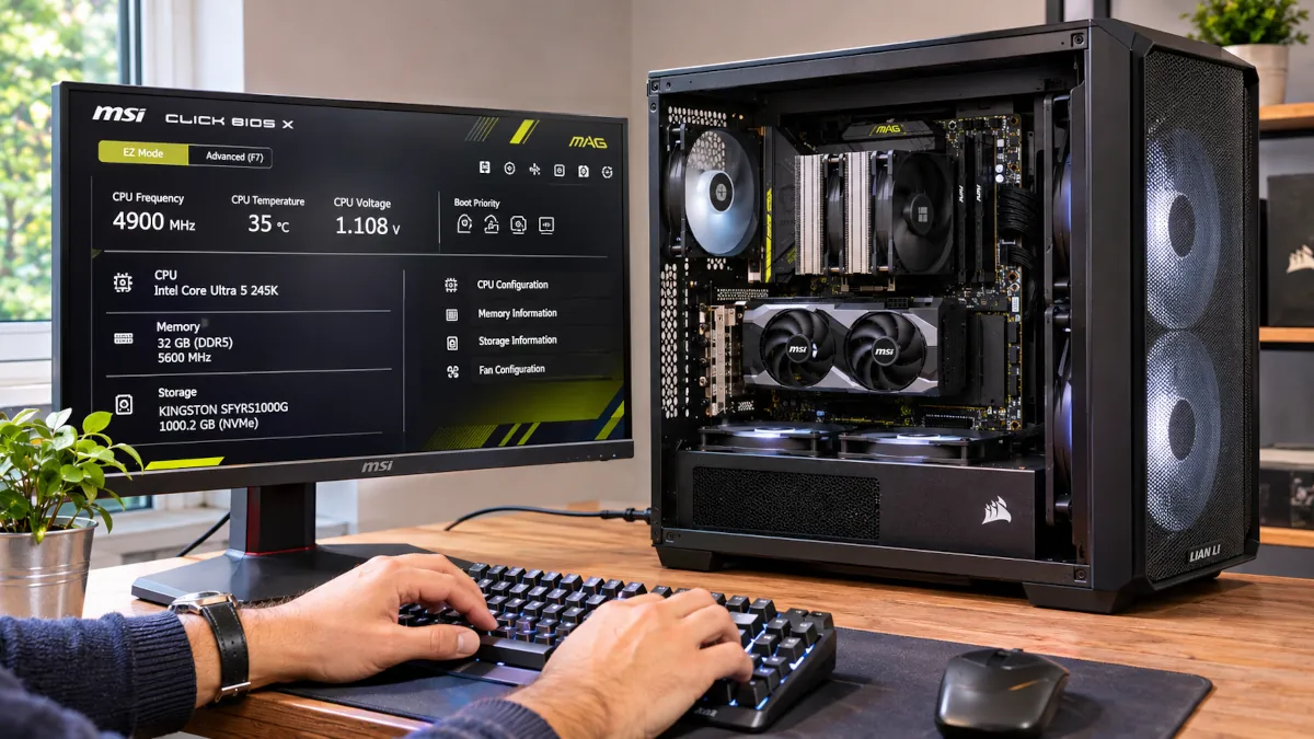 PC recién montado en su primer arranque con la BIOS de MSI en el monitor mostrando procesador, memoria y almacenamiento