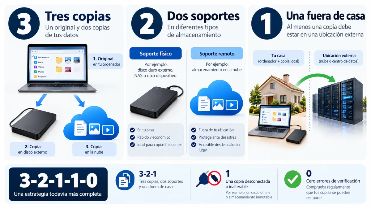 Infografía de la regla 3-2-1: tres copias, dos soportes distintos y una copia fuera de casa