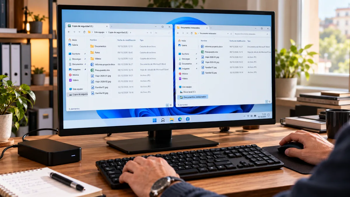 Persona restaurando un archivo desde una copia de seguridad para comprobar que funciona