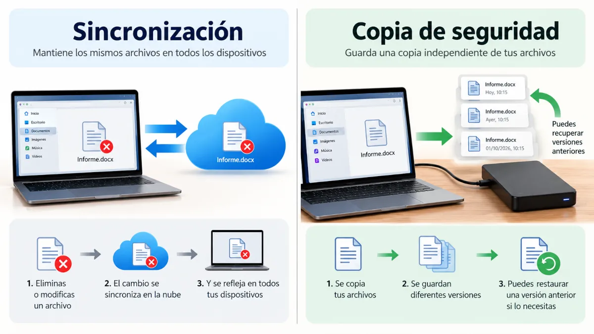 Esquema que compara la sincronización en la nube con una copia de seguridad independiente con versiones